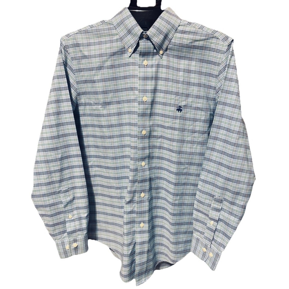 Brooks Brothers Men M Button Up Dress Shirt Blue Glen Plaid 346 Slim Fit No Iron